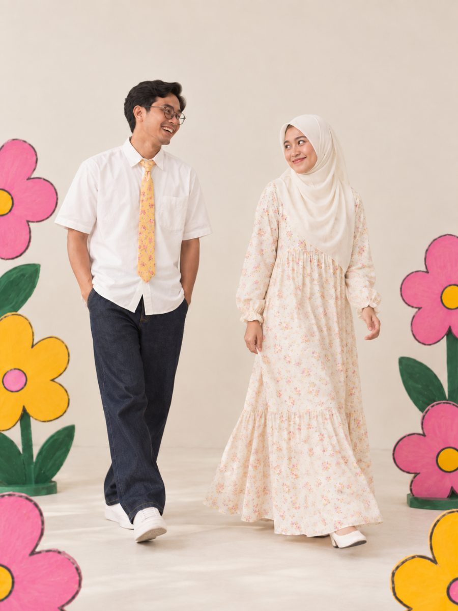 Pasangan berjalan di studio bunga