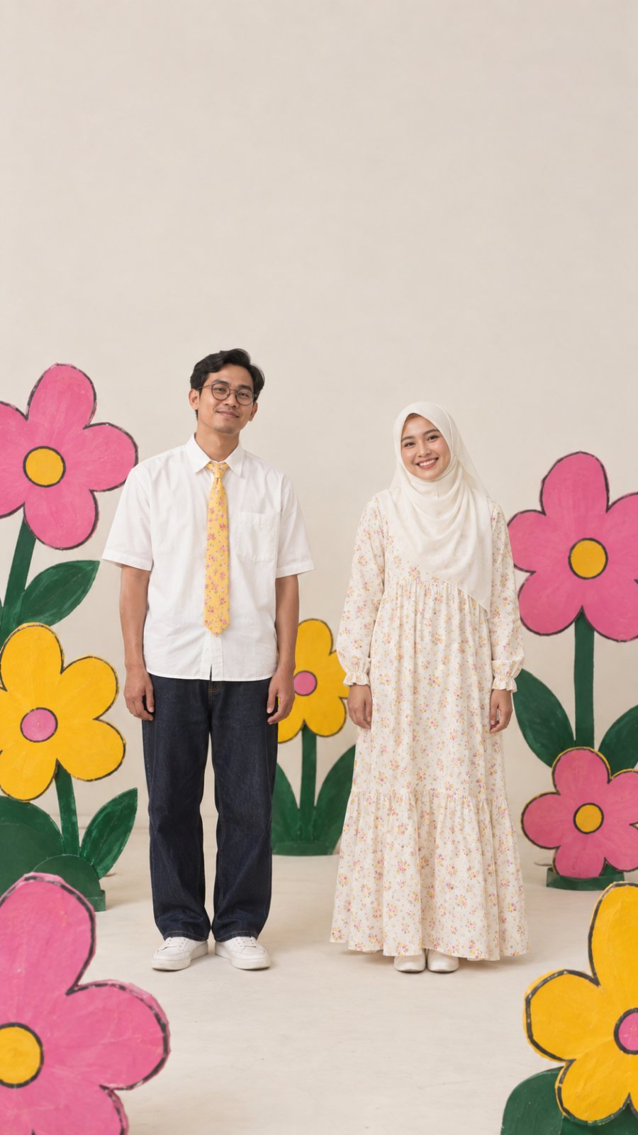 Pasangan mempelai di antara properti bunga studio