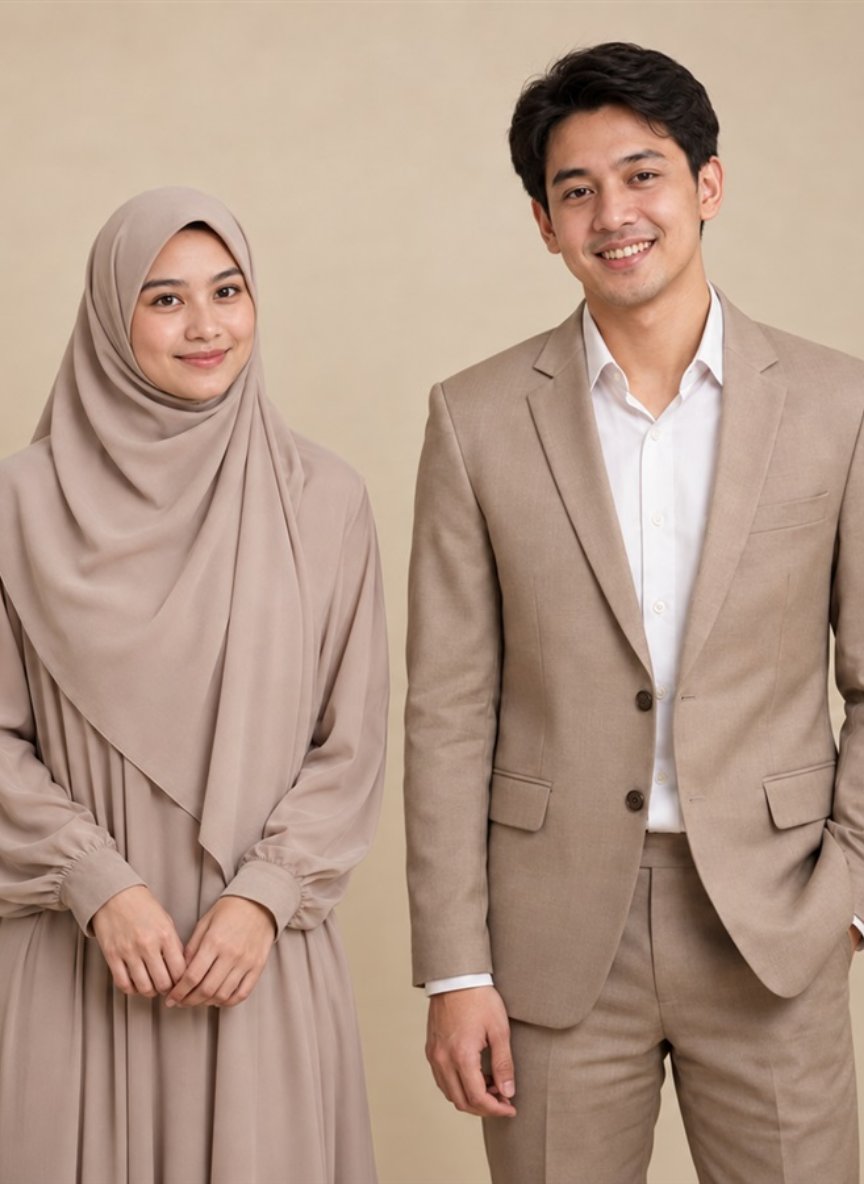 Kedua mempelai berdiri berdampingan, gaya hangat minimalis