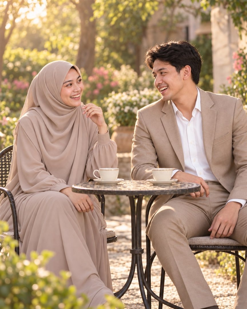 Kedua mempelai tertawa lepas di meja kafe taman