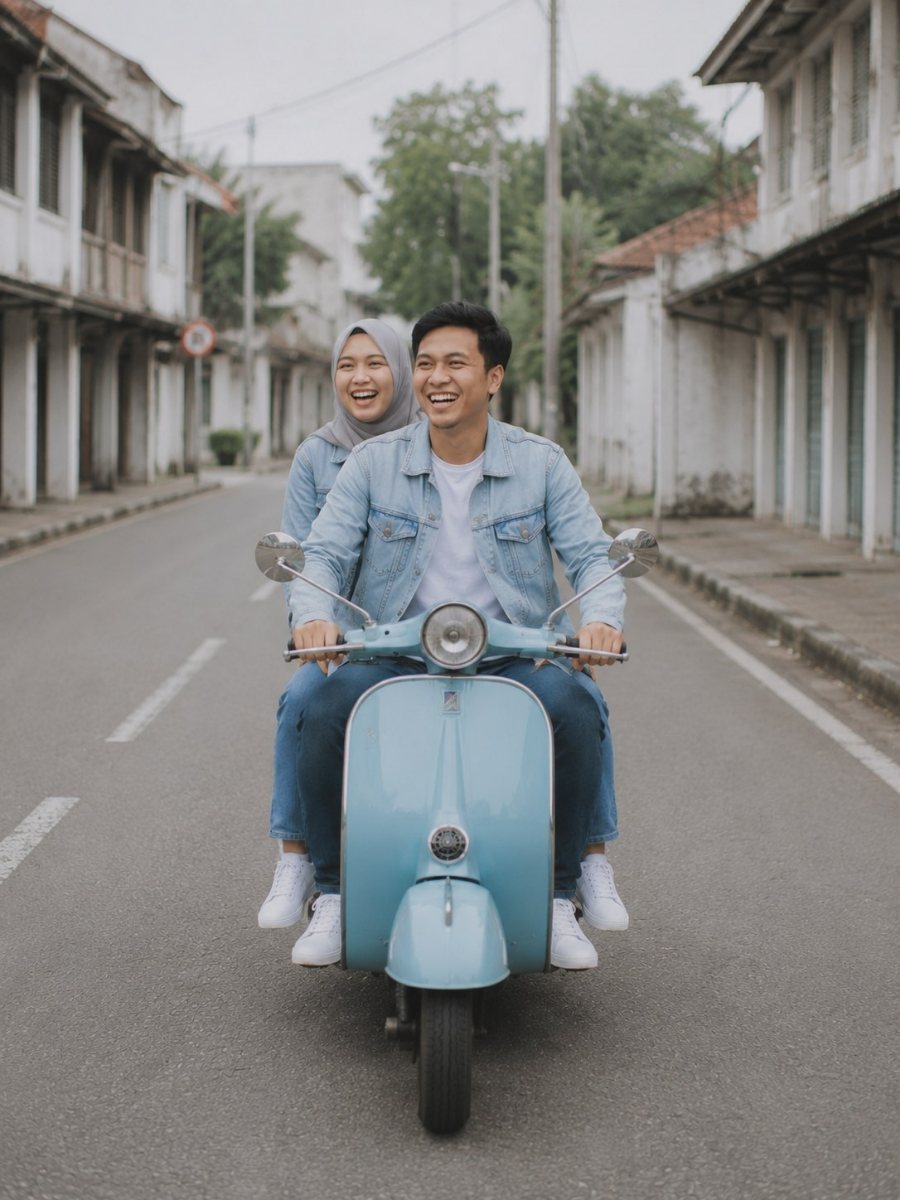 Kedua mempelai berboncengan naik skuter