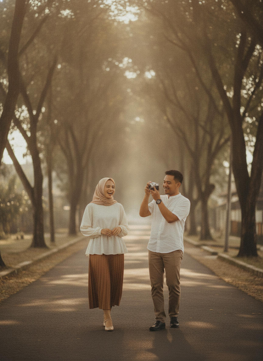 Kedua mempelai dalam momen kamera film di jalan berpohon