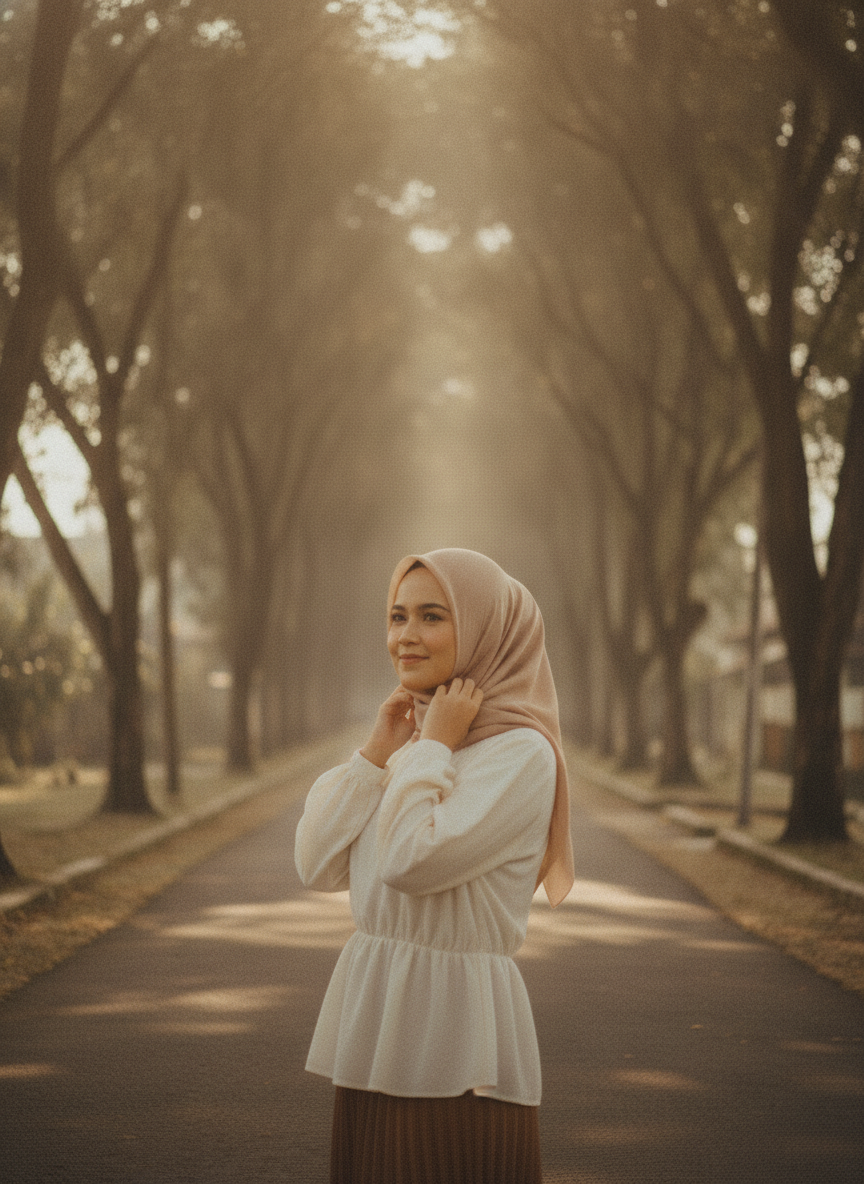 Mempelai wanita sendiri di jalan berpohon saat golden hour