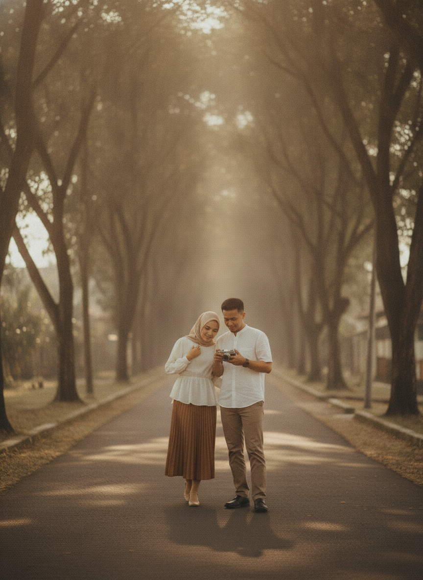 Kedua mempelai melihat layar kamera film bersama