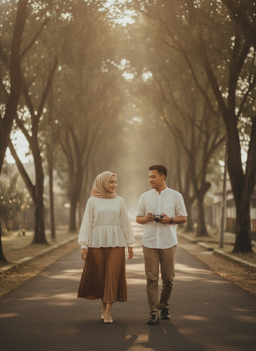 Kedua mempelai berjalan di jalan berpohon saat golden hour
