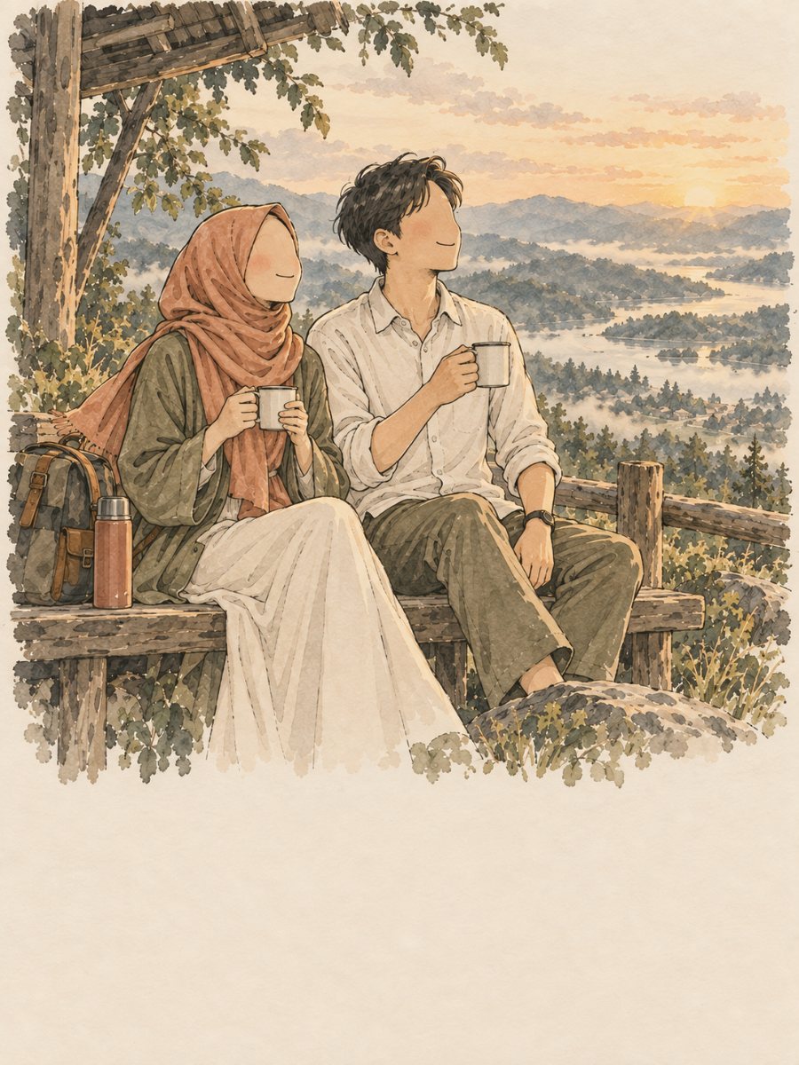 Kedua mempelai duduk di bangku sambil minum teh