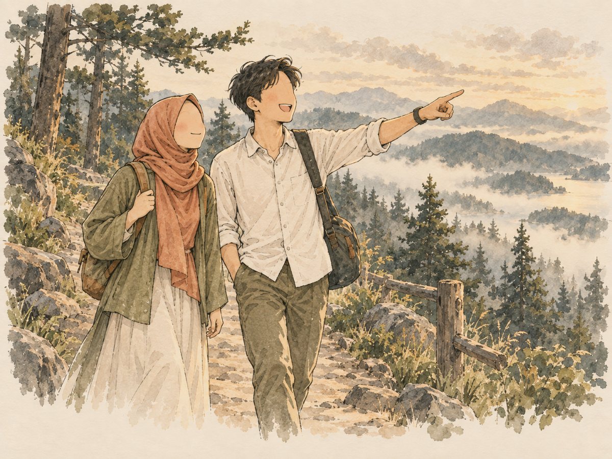 Kedua mempelai menyusuri jalur gunung berkabut