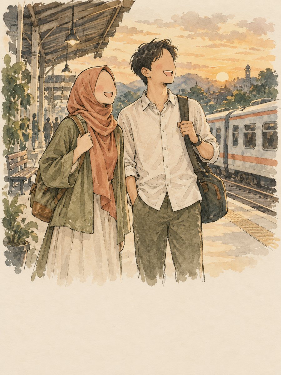Kedua mempelai di peron stasiun senja