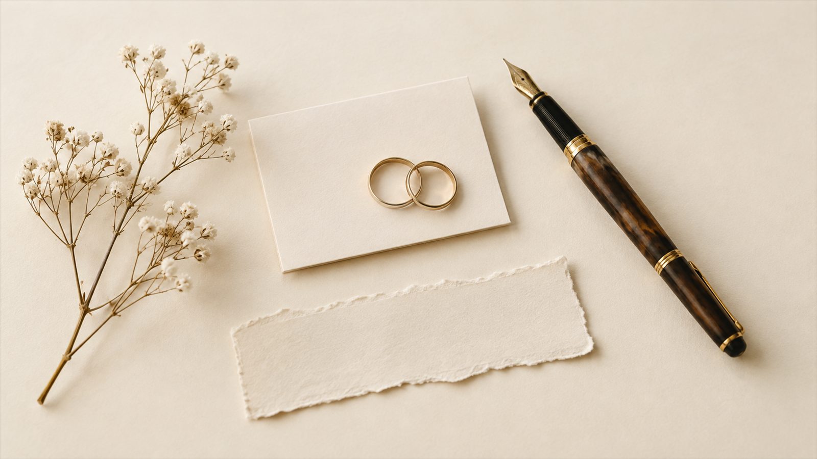 Cincin dan perlengkapan tulis di atas kertas krem