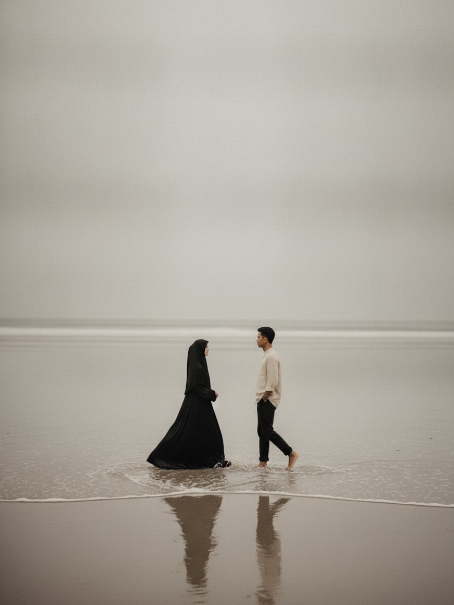 Kedua mempelai berjalan di tepi pantai