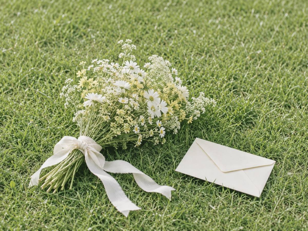 Buket dan amplop di rumput