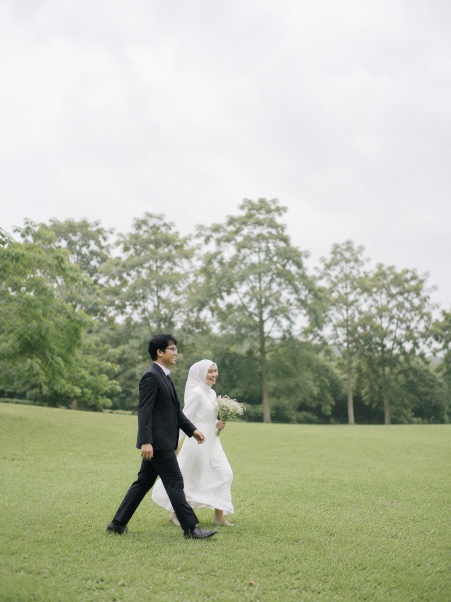 Kedua mempelai berjalan di rumput