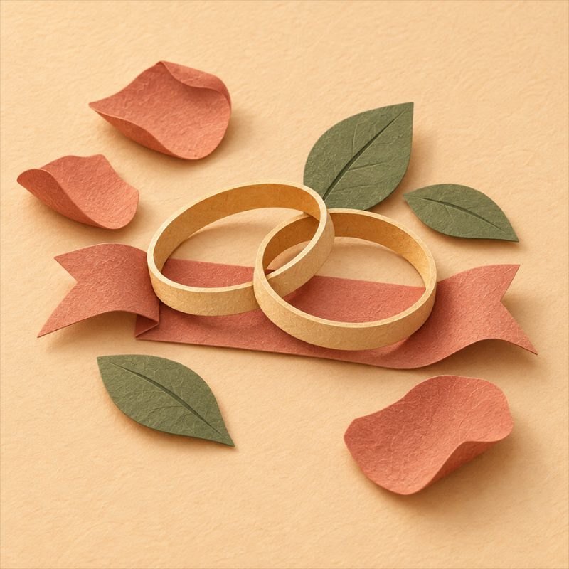 Ilustrasi dua cincin kertas di atas pita, gaya papercraft