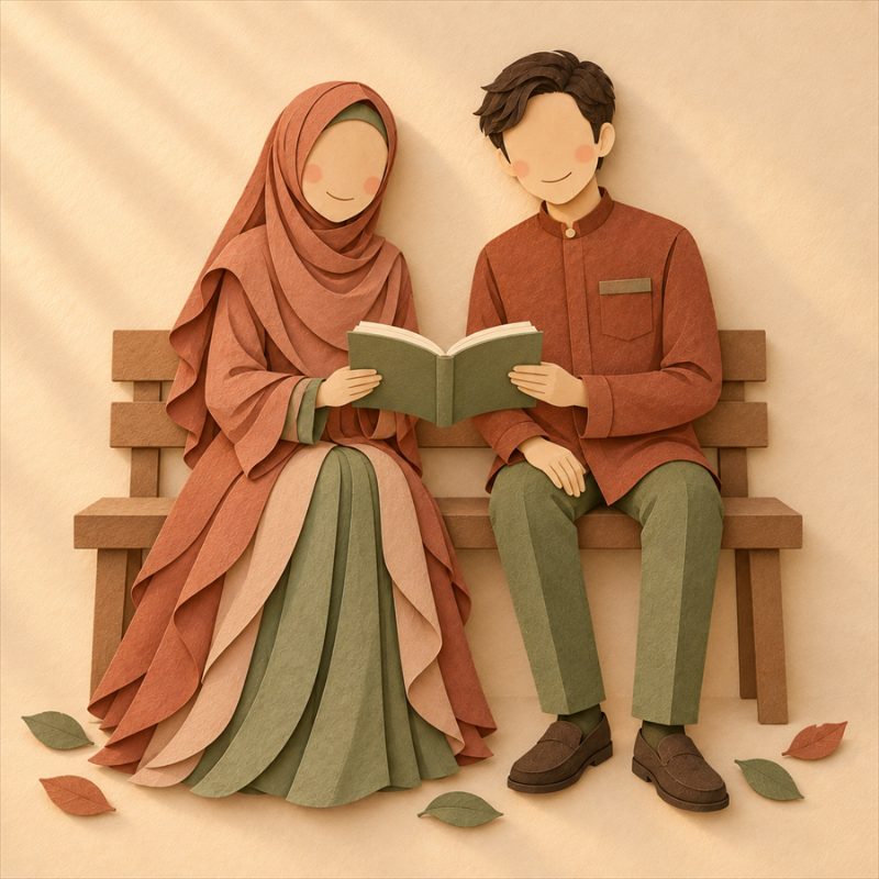 Ilustrasi kedua mempelai duduk membaca buku bersama, gaya papercraft