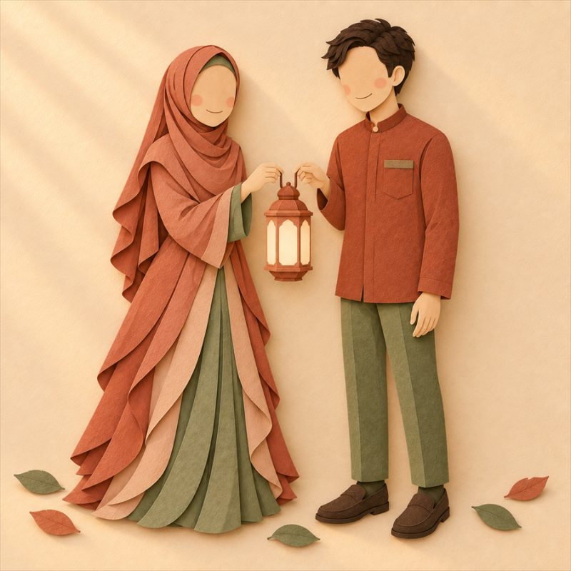 Ilustrasi kedua mempelai memegang lampion kertas bersama, gaya papercraft
