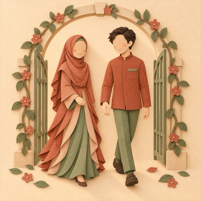 Ilustrasi kedua mempelai berjalan melewati gerbang taman kertas, gaya papercraft