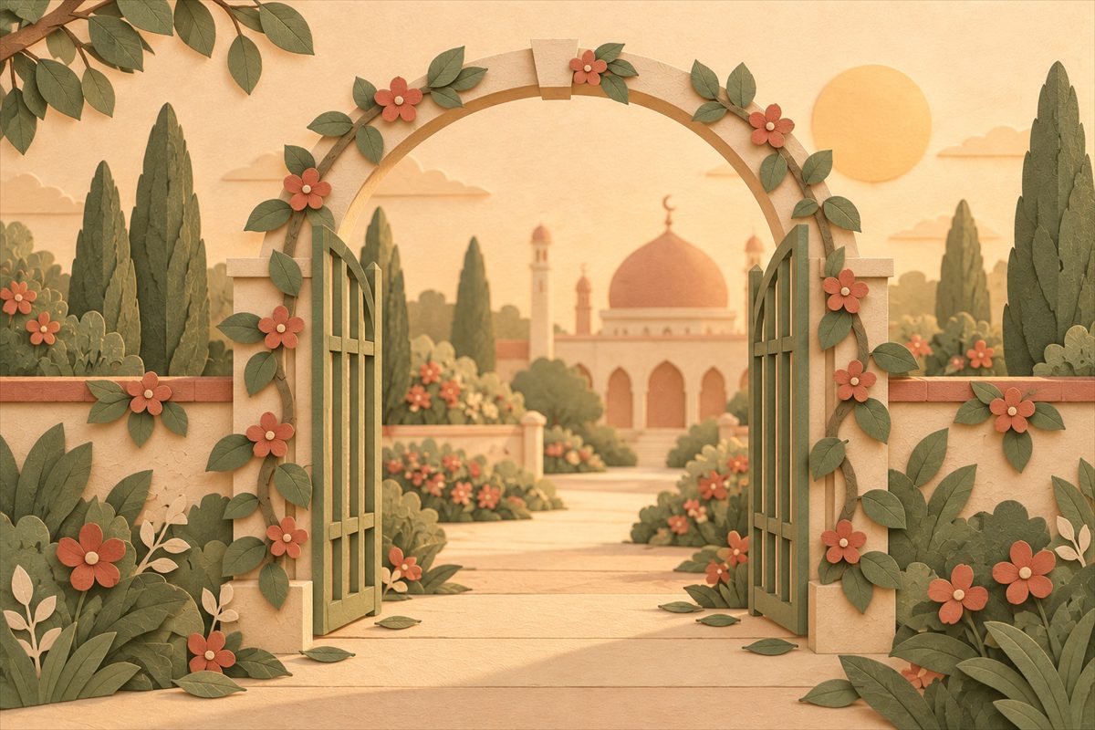Ilustrasi gerbang taman dengan siluet masjid, gaya papercraft