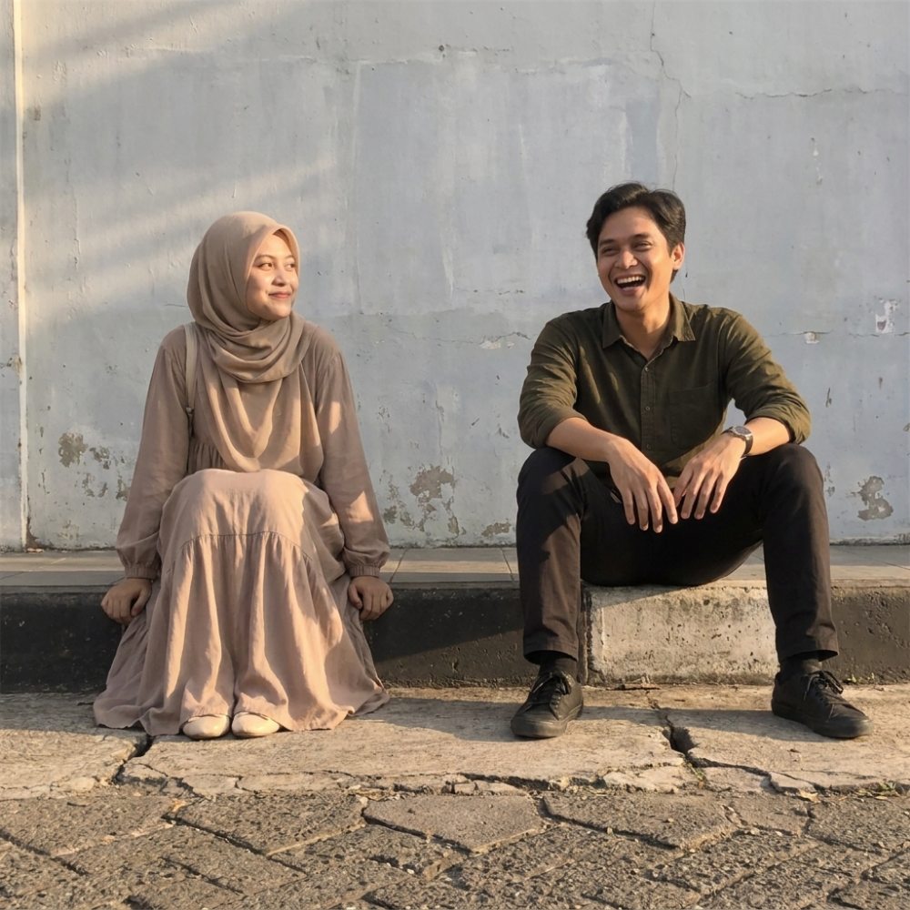 Foto kedua mempelai duduk di tepi jalan