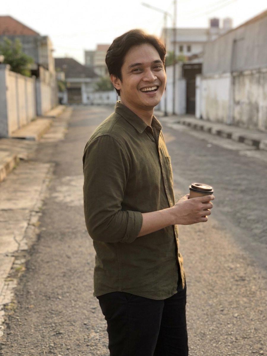Foto mempelai pria berdiri di tepi jalan