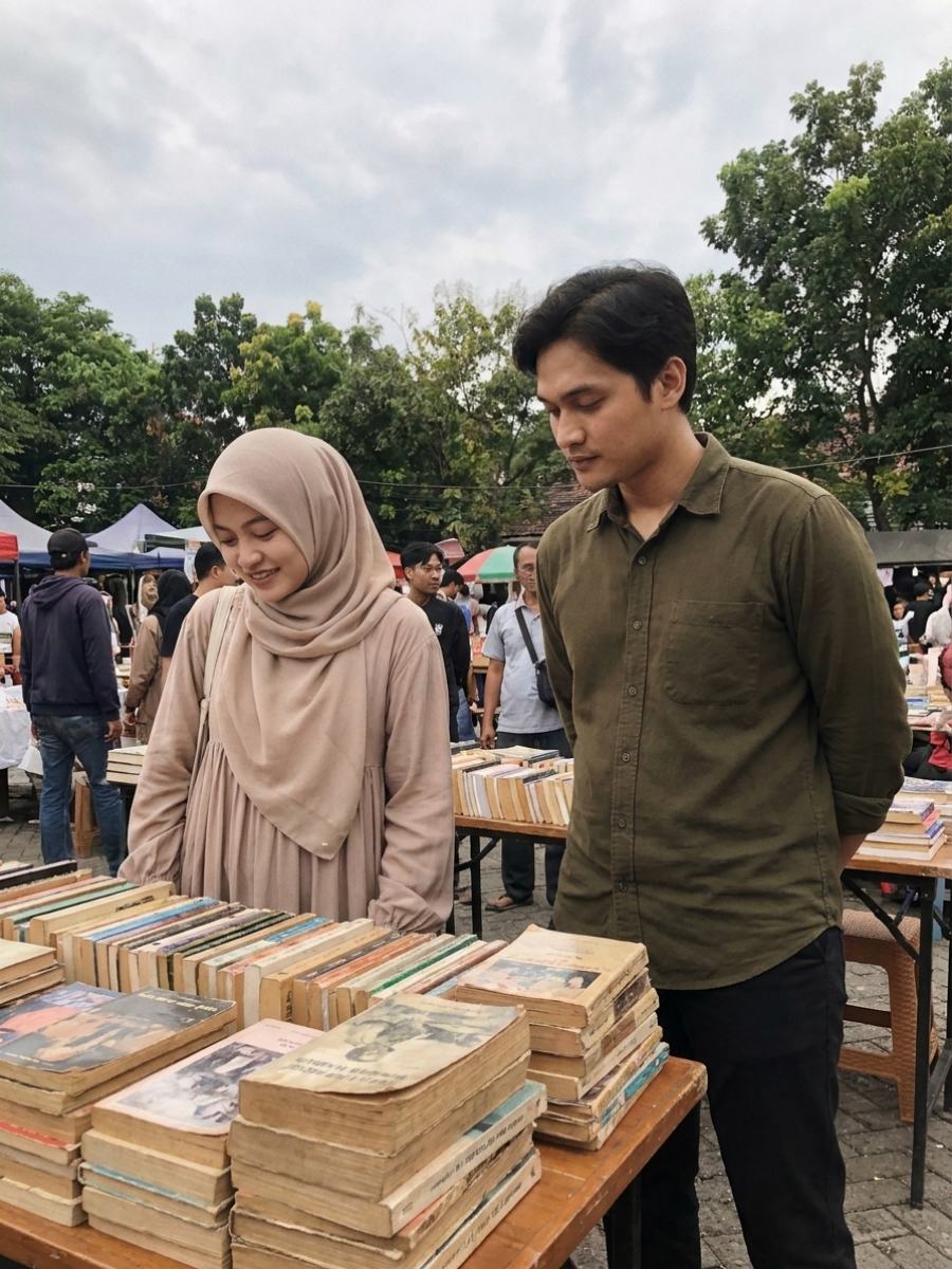 Foto keduanya melihat-lihat buku di lapak