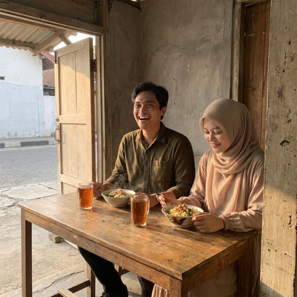Foto keduanya makan di warung pinggir jalan