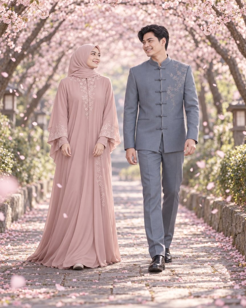 Kedua mempelai berjalan di bawah terowongan bunga sakura