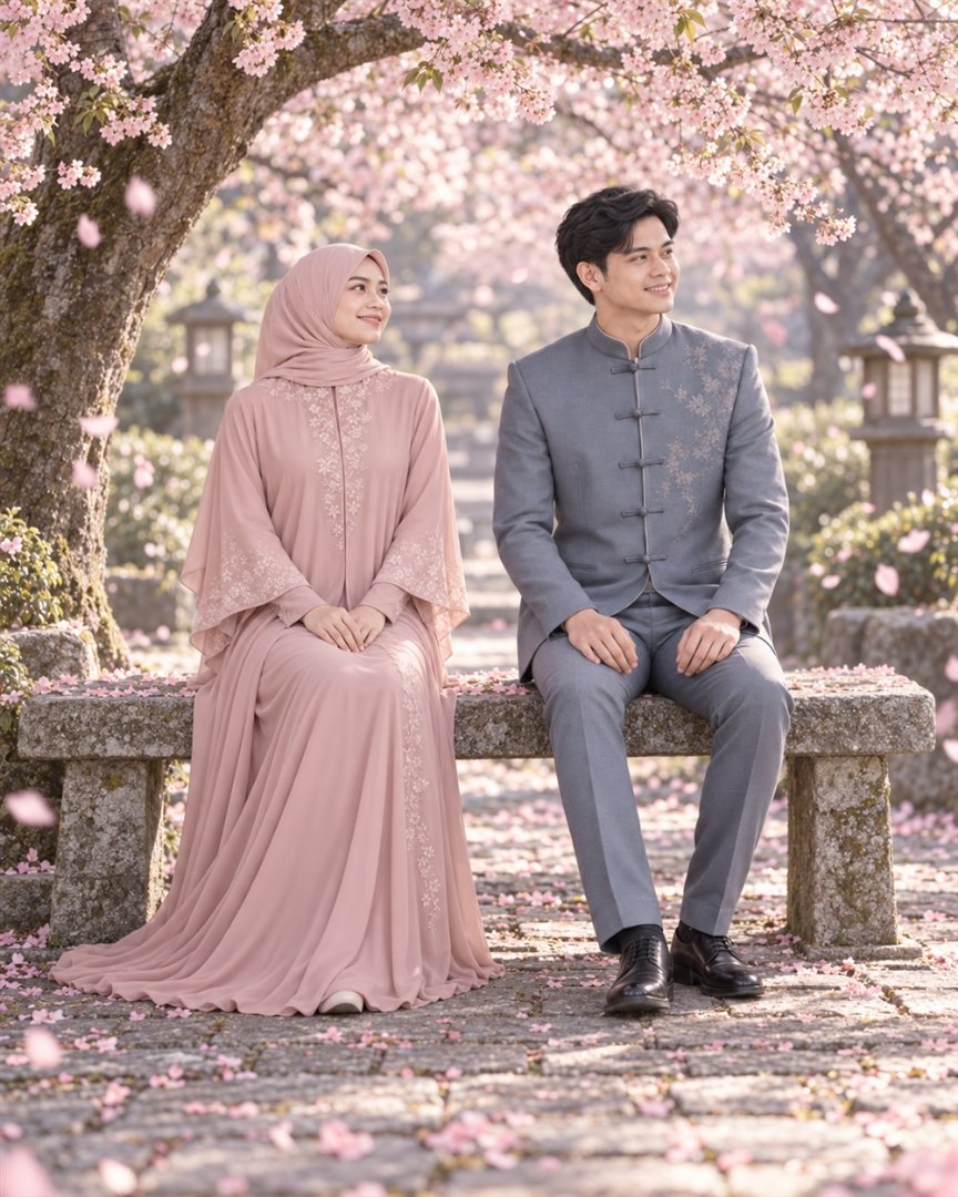 Kedua mempelai duduk berdampingan di bangku bawah pohon sakura