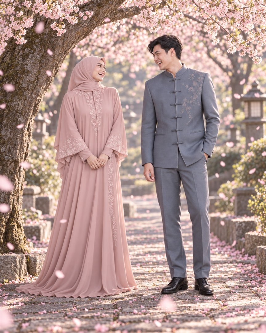 Kedua mempelai tertawa lepas di bawah pohon sakura