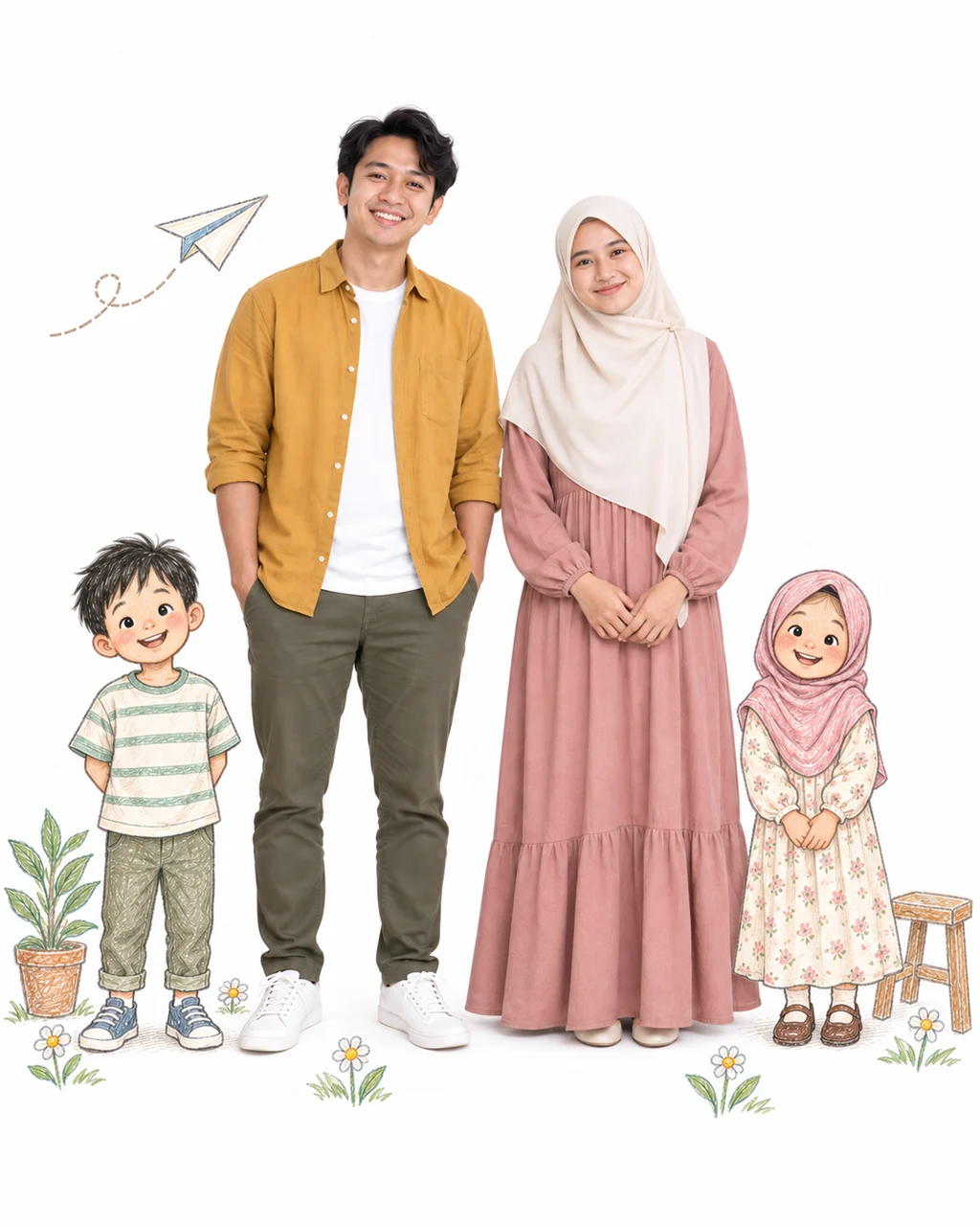 Kedua mempelai difoto bersama versi kecil mereka yang digambar sketsa