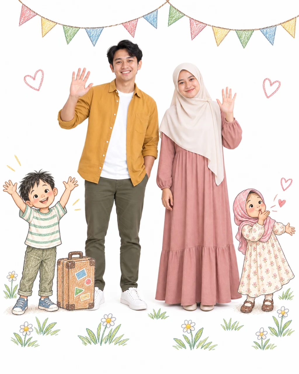 Kedua mempelai melambai bersama versi kecil mereka