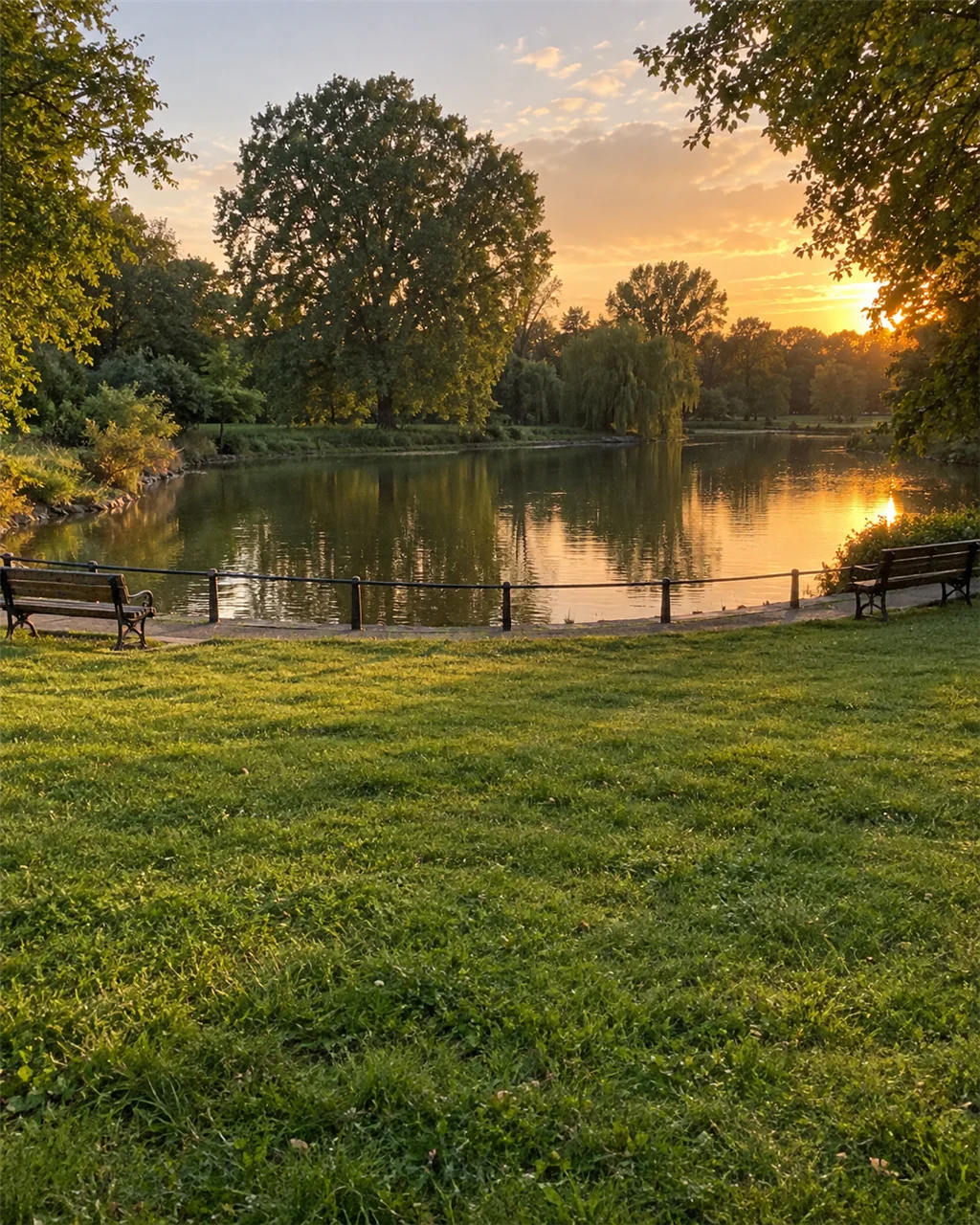 Danau kecil di taman saat senja