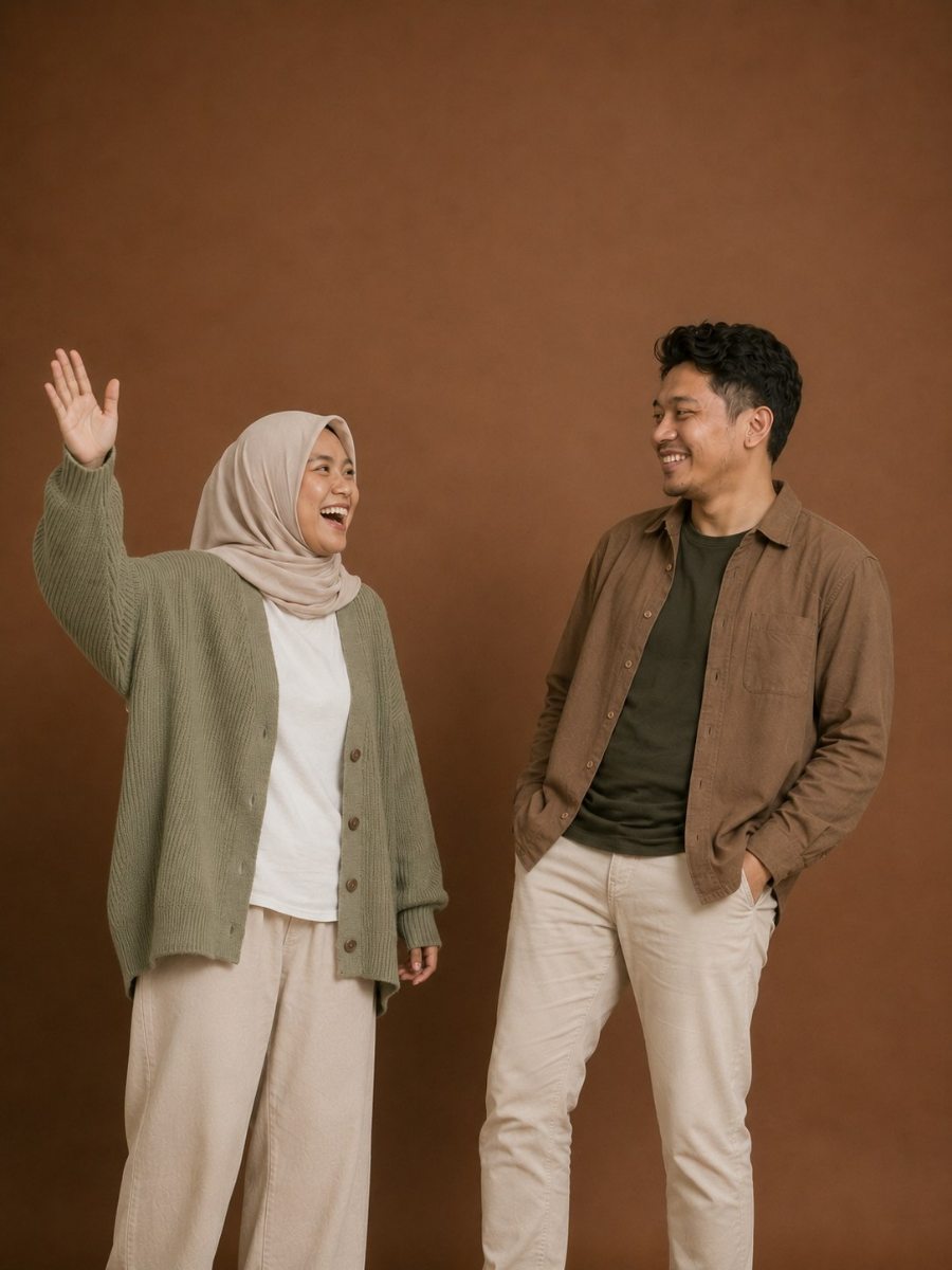 Kedua mempelai tertawa di studio