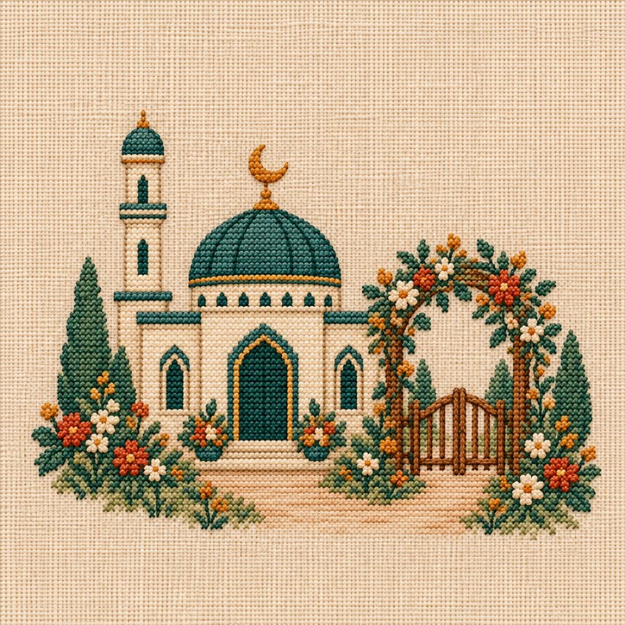 Sulam gerbang masjid dan taman, tanpa orang