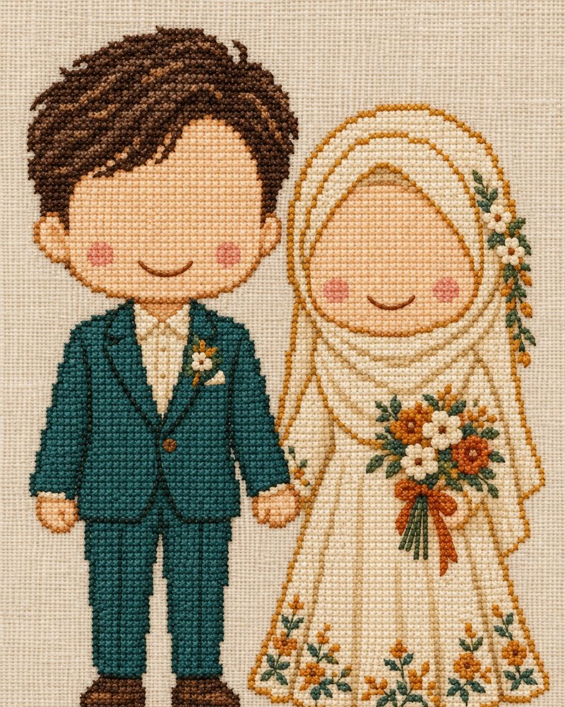Kedua mempelai gaya sulam/cross-stitch chibi berdampingan, mempelai wanita berhijab