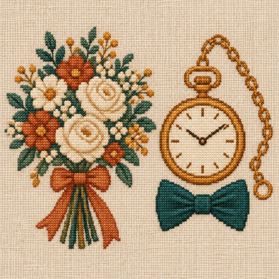 Sulam buket bunga dan jam saku dengan dasi kupu-kupu di kain linen