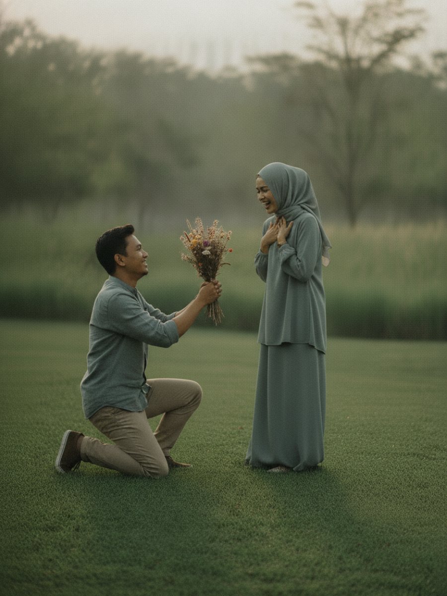 Melamar dengan seikat bunga kering di padang rumput