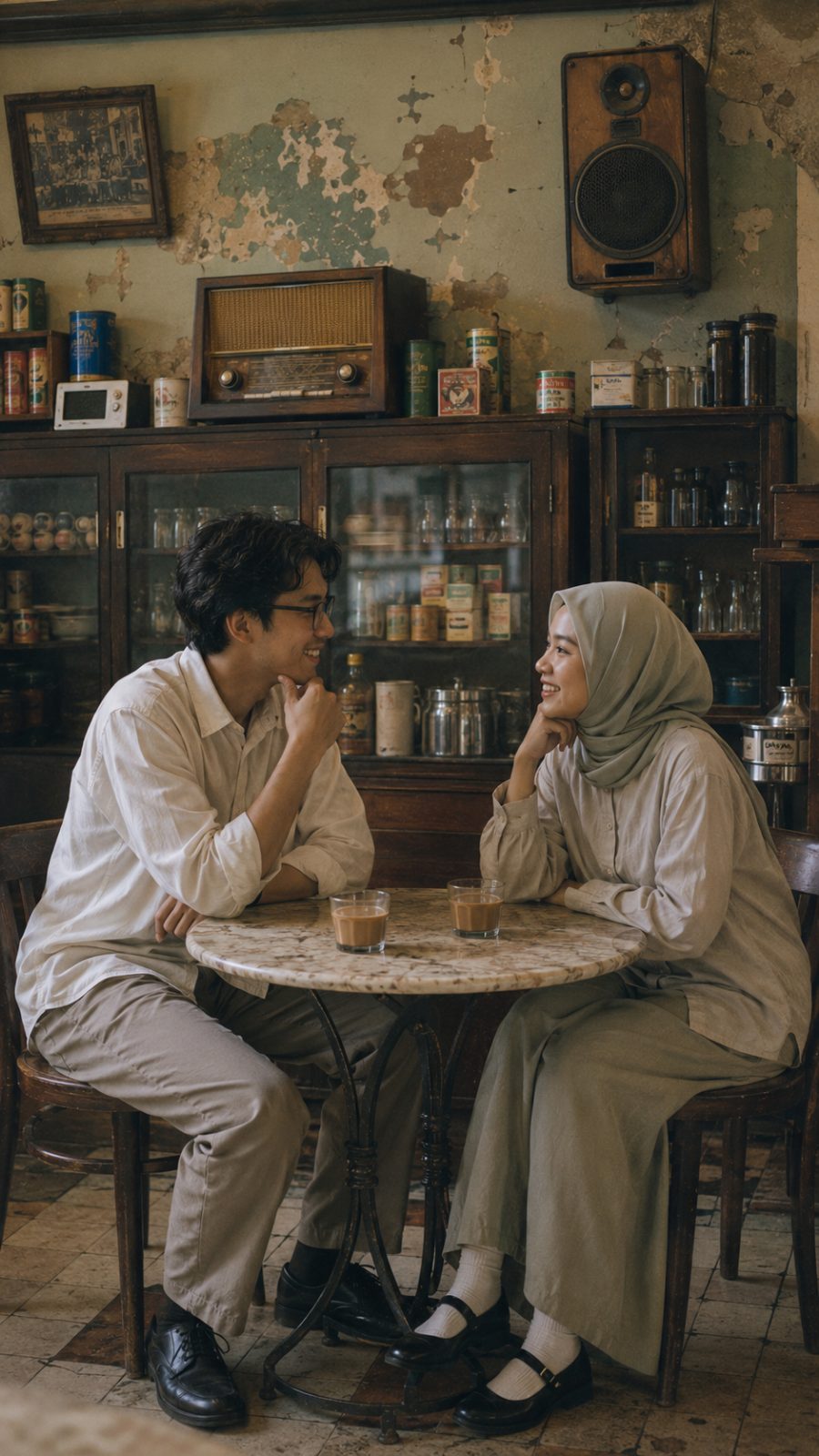 Kedua mempelai di kedai kopi lama