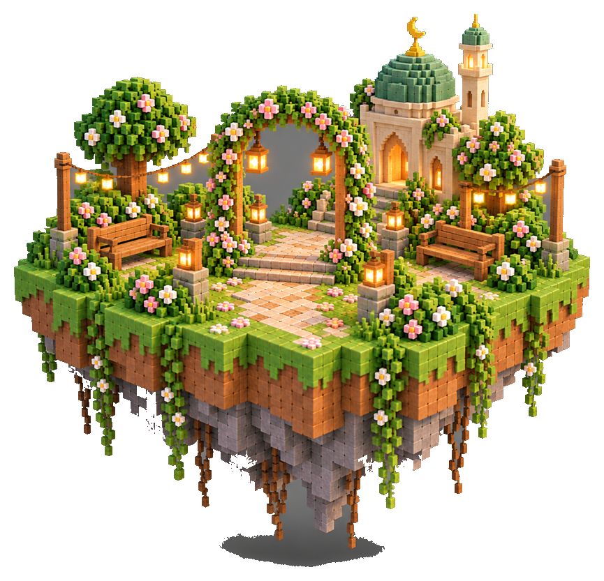 Pulau gerbang taman dengan siluet masjid, gaya voxel, tanpa orang