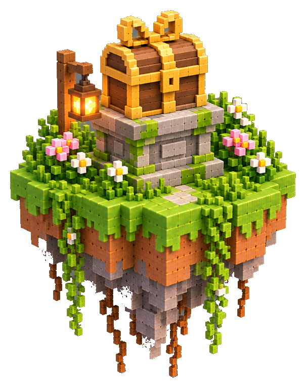 Pulau peti harta karun tertutup gaya voxel, tanpa orang