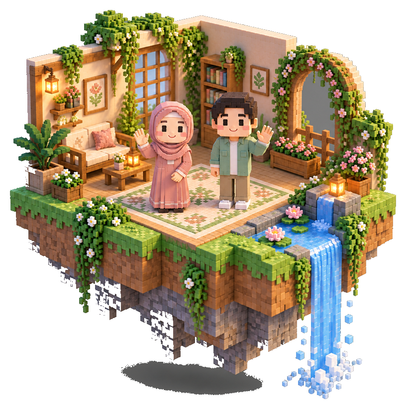 Kedua mempelai gaya voxel berdiri berdampingan di pulau taman