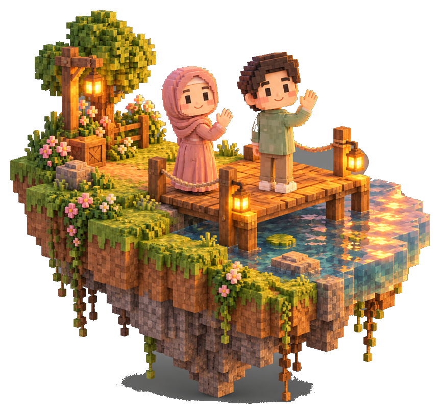 Kedua mempelai gaya voxel melambai di dermaga senja