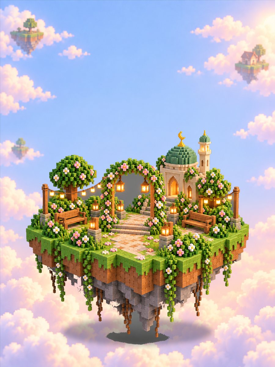 Gerbang taman dengan siluet masjid, gaya voxel, tanpa orang