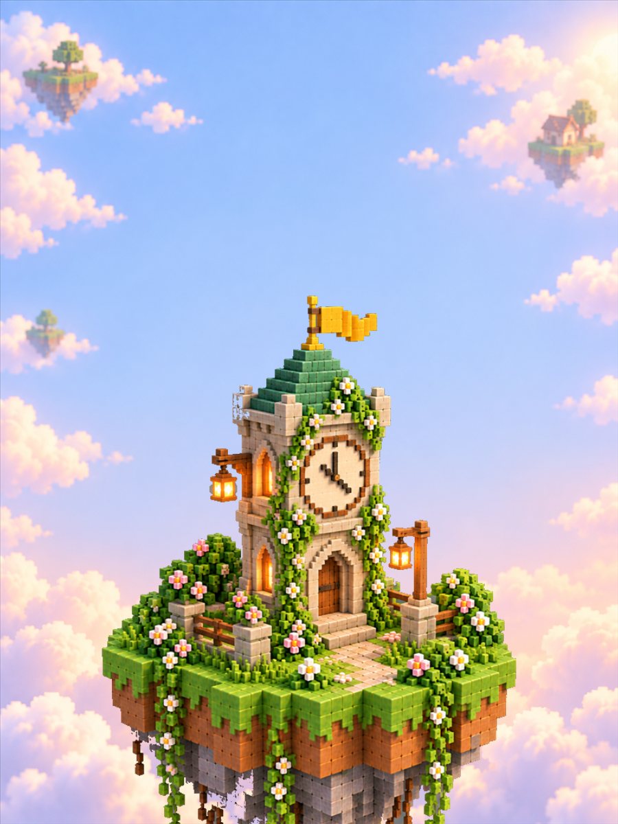 Menara jam gaya voxel, tanpa orang