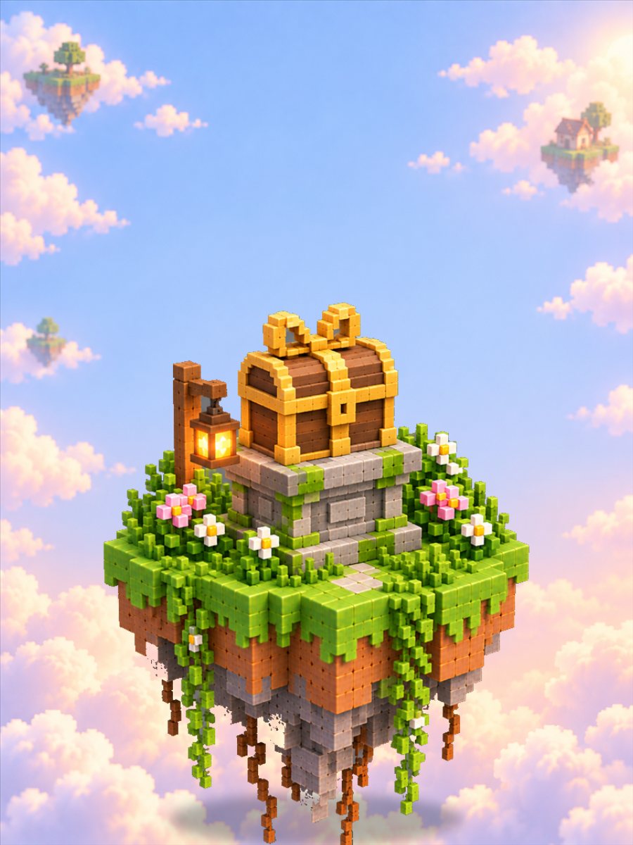 Peti harta karun gaya voxel di atas altar taman, tertutup