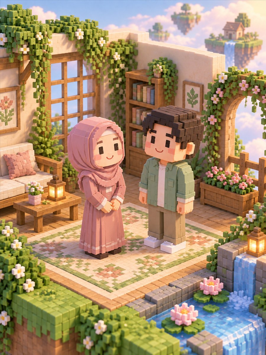 Kedua mempelai gaya voxel berdiri berdampingan