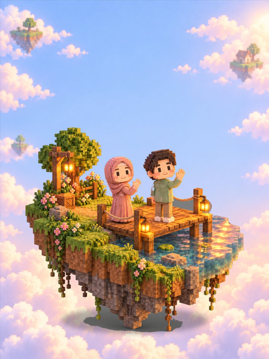 Kedua mempelai gaya voxel melambai di dermaga senja